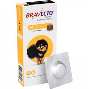 Жевательные таблетки Bravecto от блох и клещей для собак весом 2 - 4,5 кг